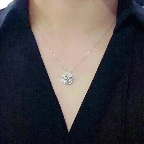 New Gorgeous 925 Silver Sim. Diamond Rose Necklace - Picture 3 of 4